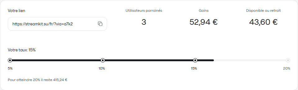 Exemple du programme partenaire : lien, gains et taux.